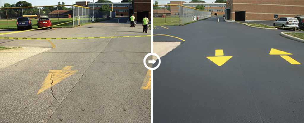 Before and after a freshly painted parking lot. - Parking Lot Maintenance