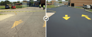 Before and after a freshly painted parking lot.